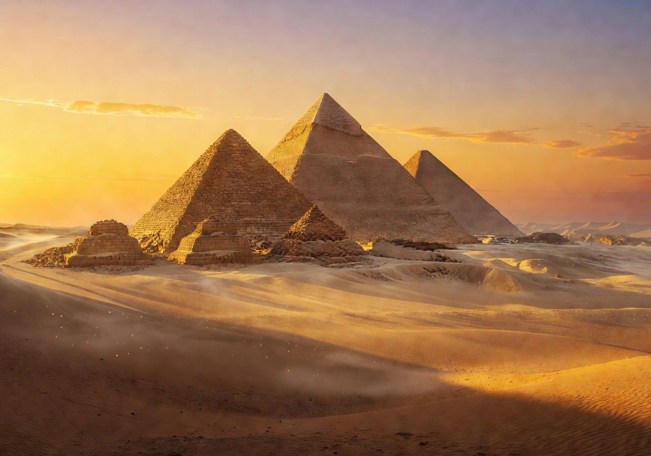 Mystical Egyptian desert pyramids bathed in golden hour sunrise glow